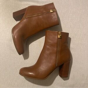 Michael Kors Frenchie Flex Leather Boots Chestnut Brown with Gold Zipper